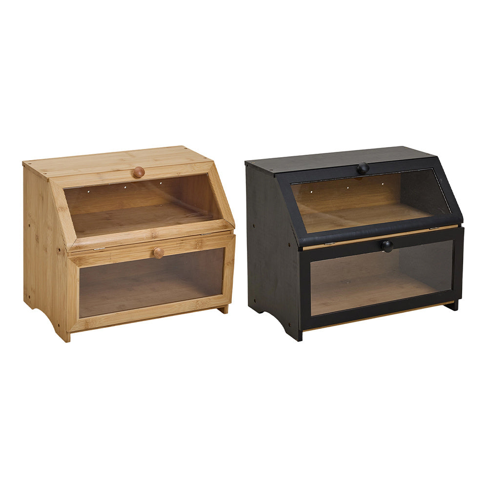 Bamboo Bread Bin with Transparent Window, 2-Layer, Bread Box Large Capacity Bread Storage for Kitchen, Kitchen Countertop Bread Box for Bread, Sushi, Pastries, Biscuits, Breakfast, Natural/ Black, 15.55*9.84*12.60 Inch