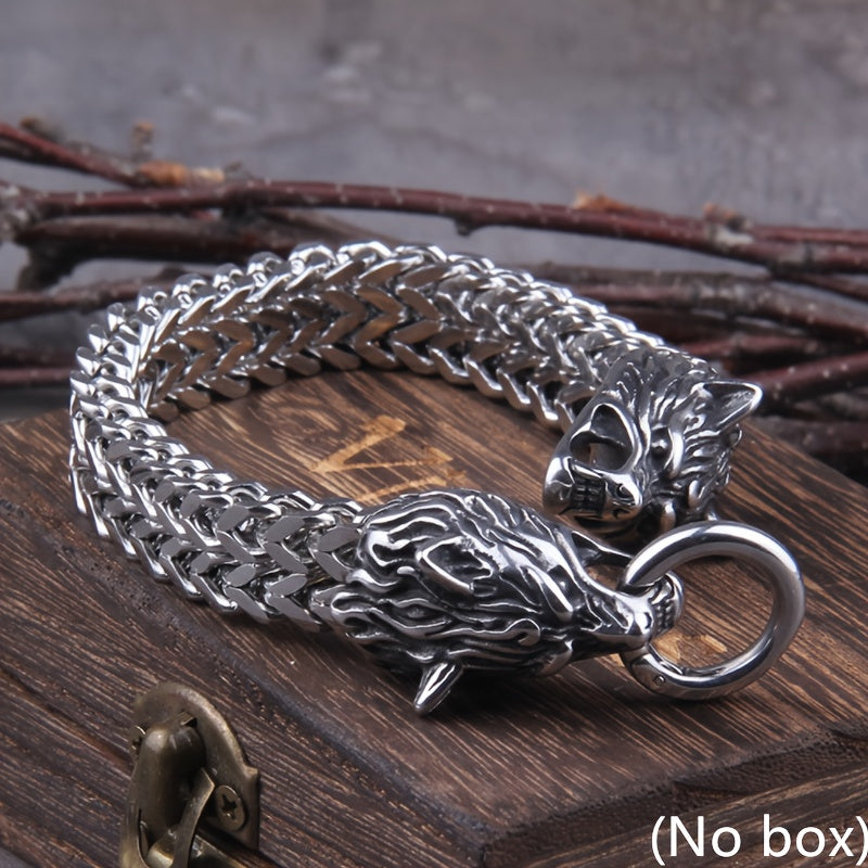 Never Fade Rock Viking Wolf Charm Bracelet Men'S 304 304 Stainless Steel Mesh Chain Silvery Color Wolf Punk Bracelets Biker Jewelry