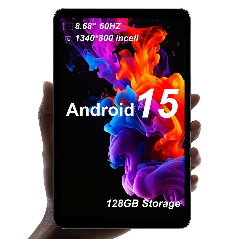 CRELANDER 8. 68 Inch Tablet Android 15, UHD Incell Screen, 1340X800 High Resolution, 128GB ROM, 16GB (6+10GB Expand) RAM, Dual Camera 5+8MP, 5G Wifi, 5000Mah Battery, Widevine L1, Tablet with Case, USB-C Cable, Screen Protector, GPS, GMS, Google