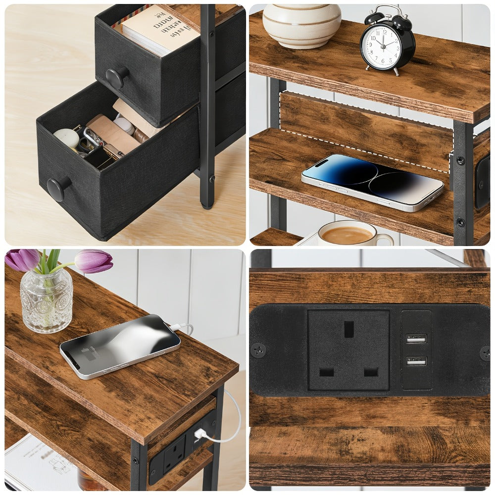 Nightstand with Charging Station & 2 Fabric Drawers – 2-Tier Bedside Table with Outlets & USB Ports, End Table for Bedroom & Living Room, Rustic Brown & Black
