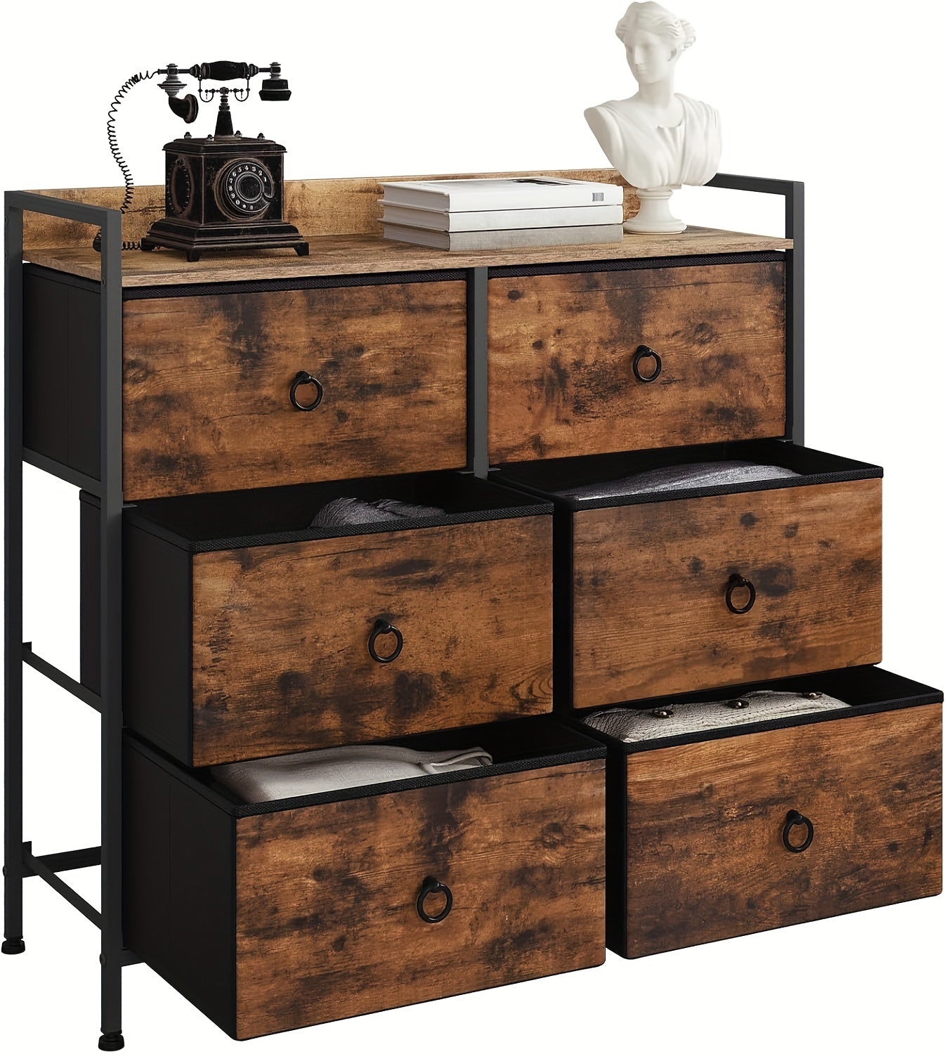 1pc Chest of Drawers, Cabinet with 6 Fabric Drawers, Storage Cabinet Sideboard for Bedroom Living Room Hallway, Metal Frame, Industrial Style