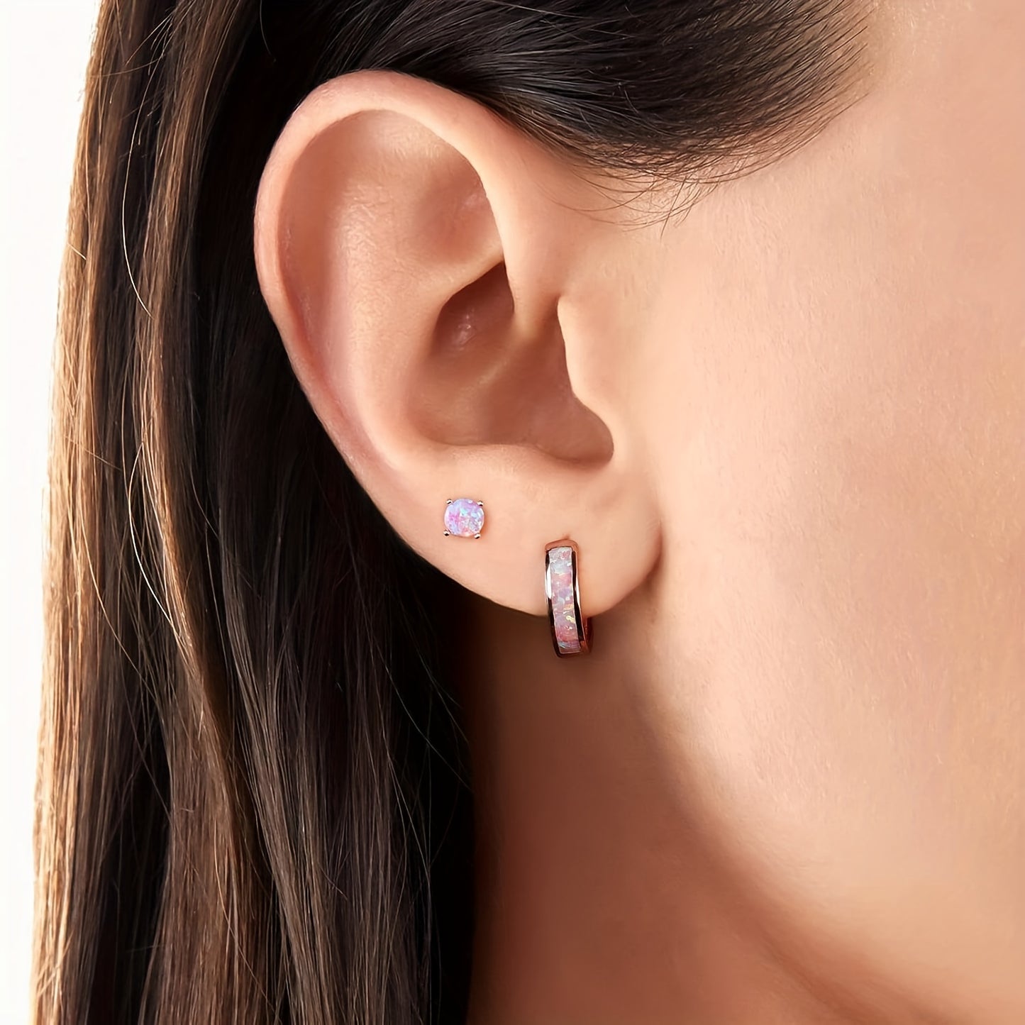Opal Stud Huggie Hoop Earrings Set: Hypoallergenic Small Hoops Earrings for Women Sensitive Ears