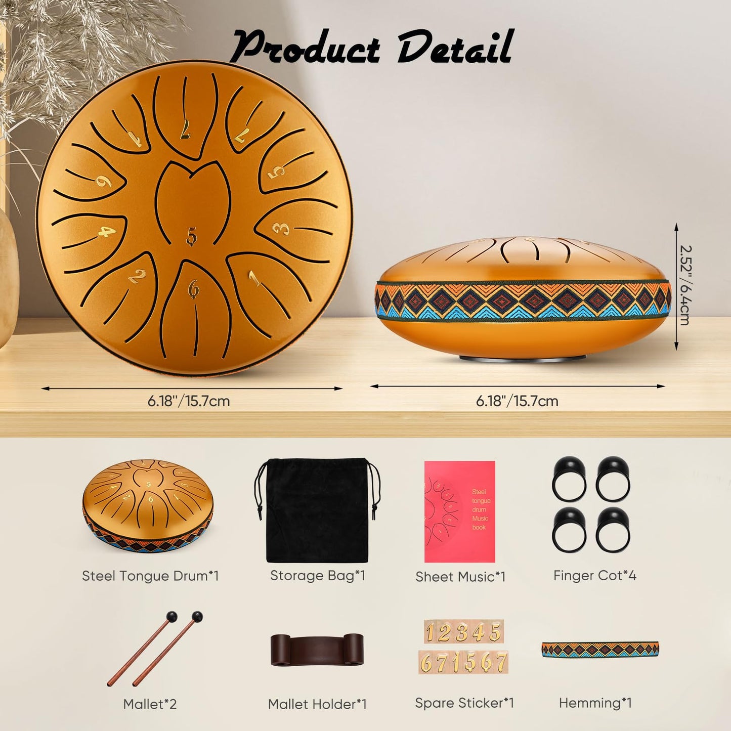 Steel Tongue Drum, 6 Inch 11 Notes, C Key & Rust-Proof Tongue Drum Percussion, Leaf Pattern Handpan Outside with Bag and Percussion Instruments for Meditation, Music Therapy