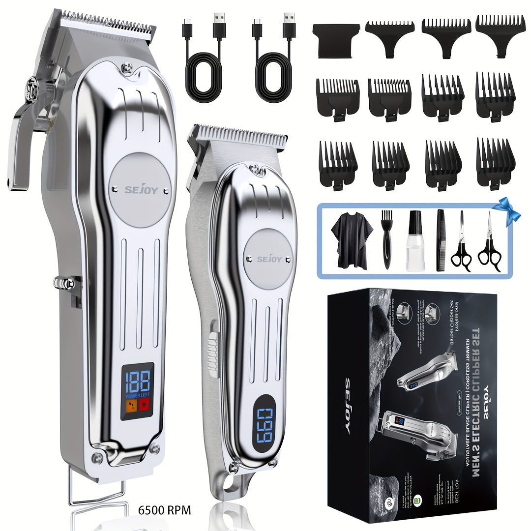 SEJOY Cordless Hair Clippers for Men Professional T-Blade Trimmer Kit – LED Display 4500-7000RPM – Barber Grooming Set Silver Blue Gold