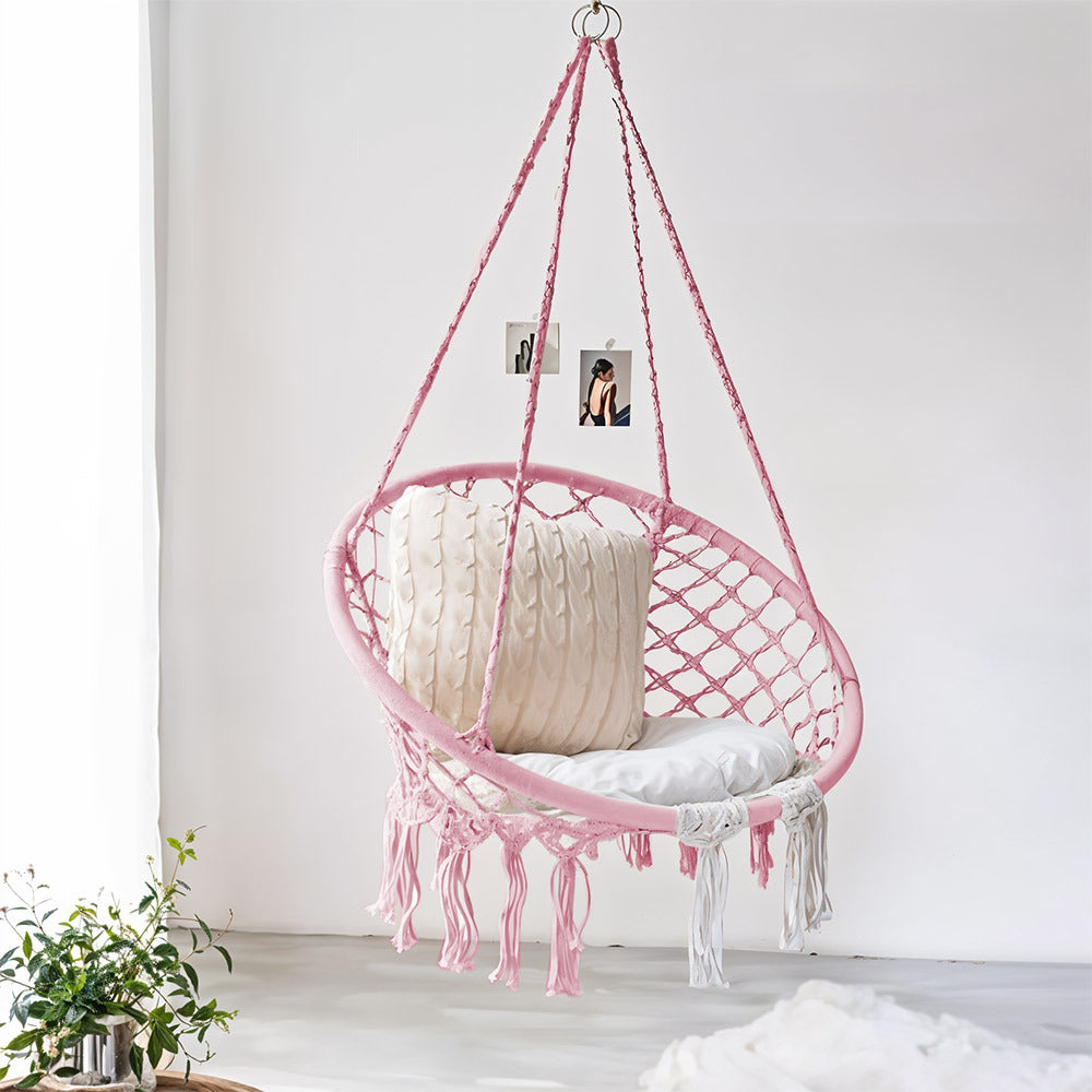 Balcony Rocking Chair, Courtyard Woven Hanging Basket, Hanging Cotton Rope Iron Ring Hanging Chair, Suitable for Indoor, Outdoor, Home, Balcony, Courtyard, Garden, Maximum Load Capacity: 200kg, Material: Iron Ring, Cotton Rope (No Include Cushion)