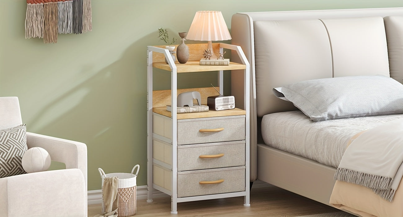 Modern End Table with 3 Fabric Drawers & 2 Open Shelves - Metal Frame Bedside Table, Light Beige Finish, 68.58cm Height, 3, 2 Cu Ft Storage, Easy Assembly for Bedroom & Living Room, Bedroom Nightstand, Contemporary Design, Sturdy Construction, Minimalist