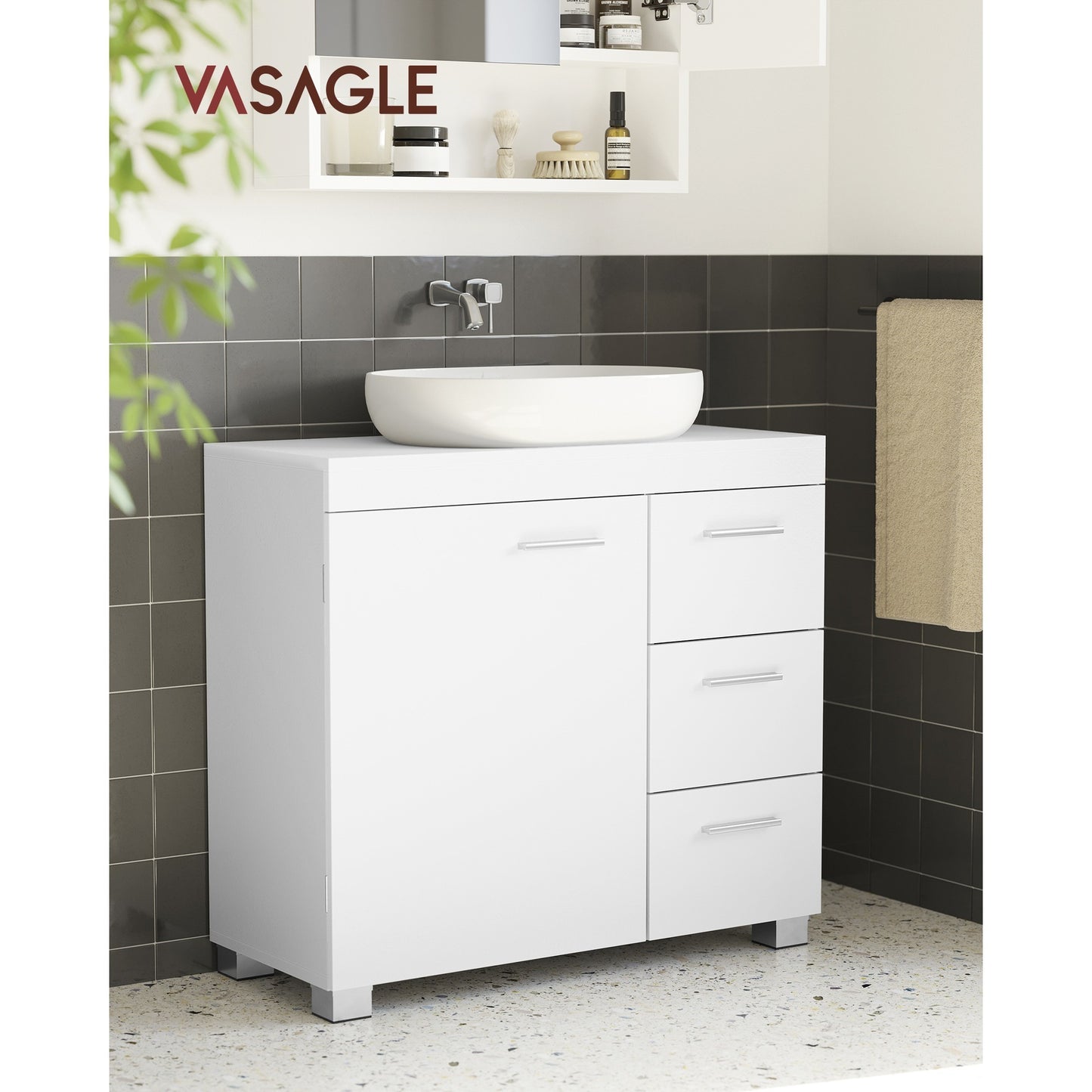 Under Sink Bathroom Cabinet with 3 Drawers Adjustable Shelf MDF Pedestal Washbasin Storage Unit 30x70x64cm Cloud White Natural Beige