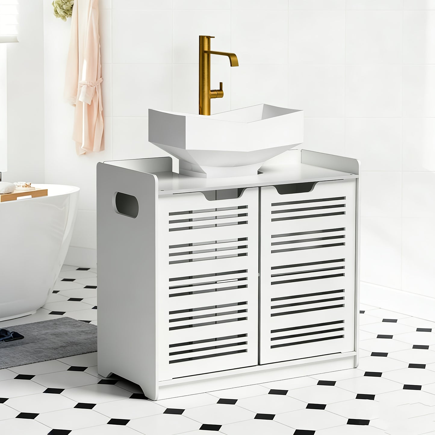 Under Sink Bathroom Cabinet, Free Standing Sink Storage Unit with Shelf, Basin Cupboard with 2 Door, Space Saver Organizer Freestanding Floor Unit Shelving Cabinet for Toilet Paper, Shampoo, Assembly for Bathroom Or Kitchen, Shelves