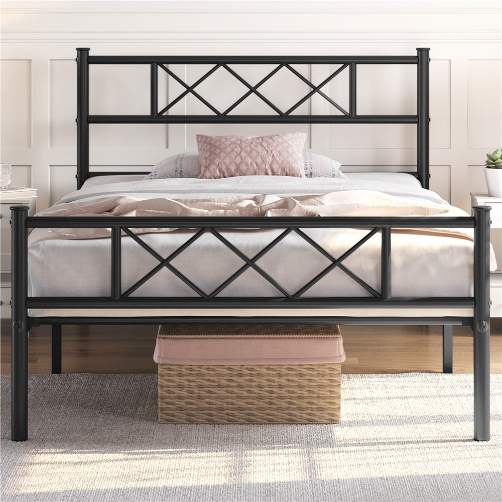 Costoffs Metal Bed Frame Metal-Framed Bed Base with Storage, Bed Foundation for Small Space, Easy Assembly Bed Foundation with Cross-design Headboard and Footboard for Bedrooms, Single/Double/king, Black/White/Pink