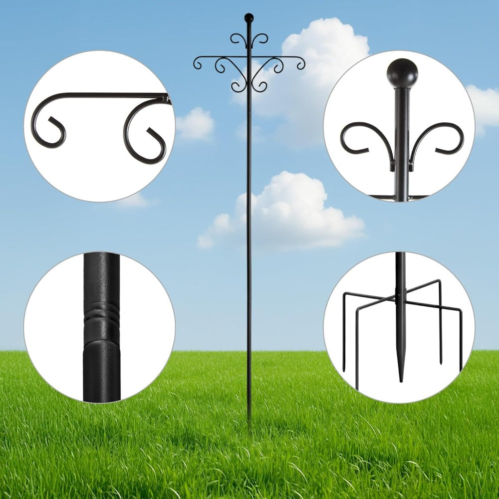 92-Inch Heavy-Duty Iron Shepherds Hooks for Outdoor - Double Bird Feeder Poles with 5-Prong Sturdy Base, Adjustable Plant Hanger Hooks for Garden, Wedding Decor, Bird Feeders & Lanterns - Easy Installation, Traditional Design, Bird Feeder Hanging Poles, G