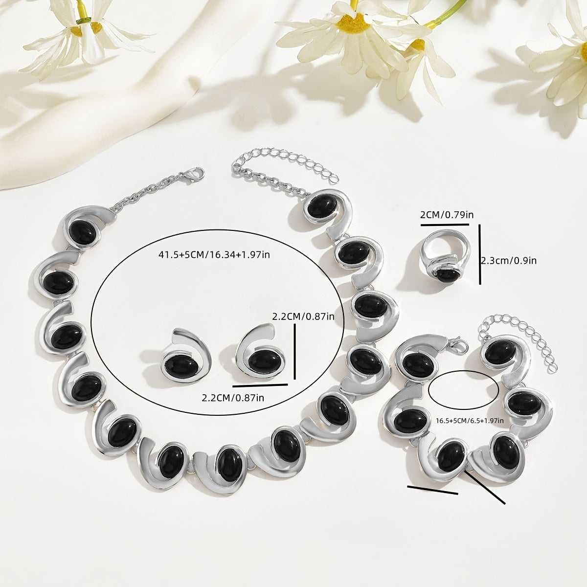 4pcs/Set Silvery Women'S Fashionable Easy Necklace Earrings Bracelet Ring Set Geometric Oval Black Acrylic Inlaid Spiral Stitching Beaded Pendant Necklace Bracelet Earrings Ring Boho Spiral Design Jewelry Set