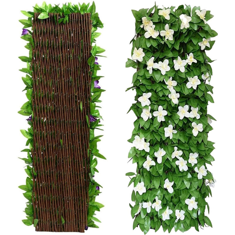 Artificial Ivy Hedge Panel Expandable 180x30cm – Faux Leaf Garden Fence Privacy Screen with Flowers, Stretchable Trellis Backdrop for Balcony, Garden & Outdoor Decoration in Purple or White