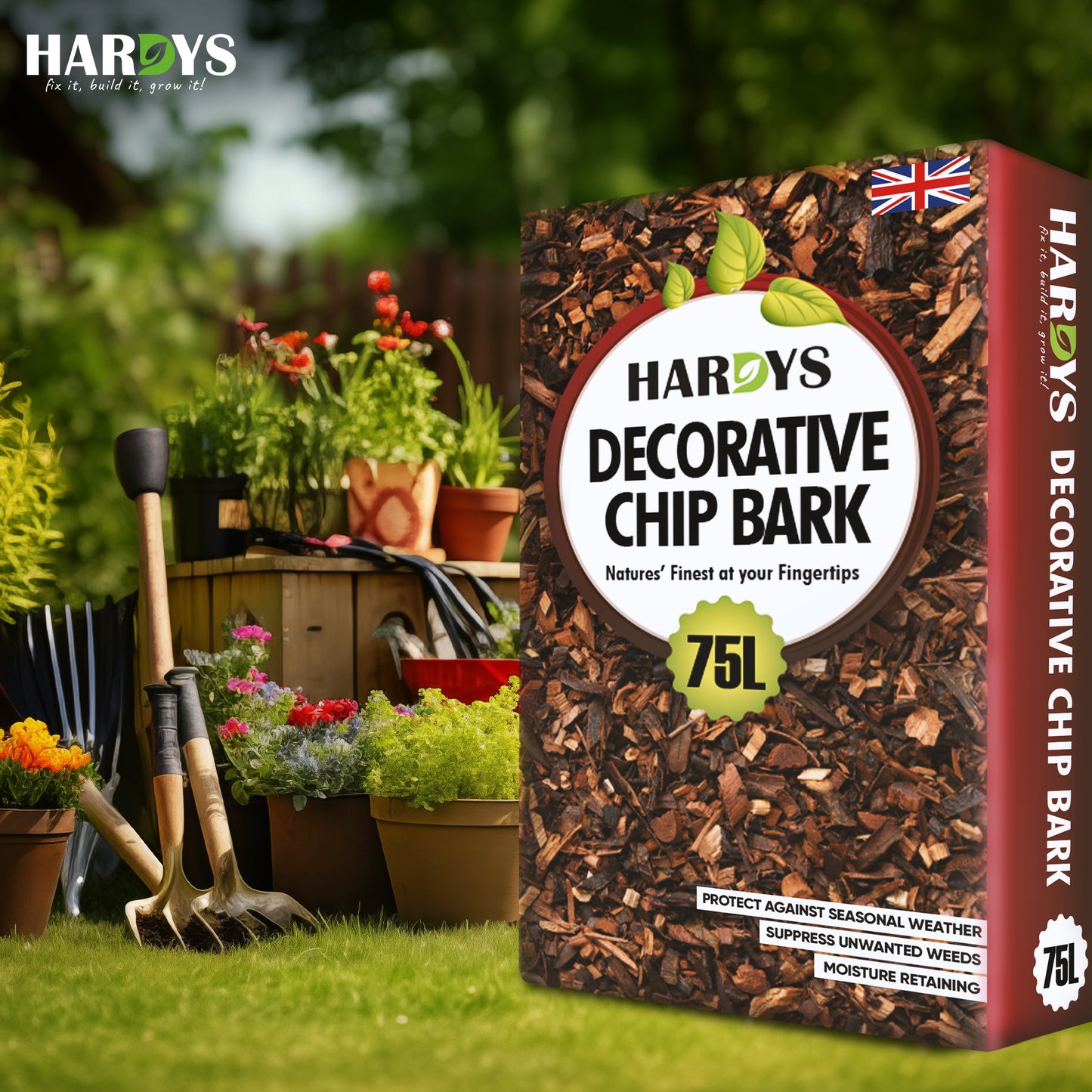 Hardys 75L Pine Landscape Bark Chippings for Garden - Decorative Wood Bark Chips - Mulches Down, Insulates Roots, Weed Control - Path, Playground, Border Wood Chippings for Garden