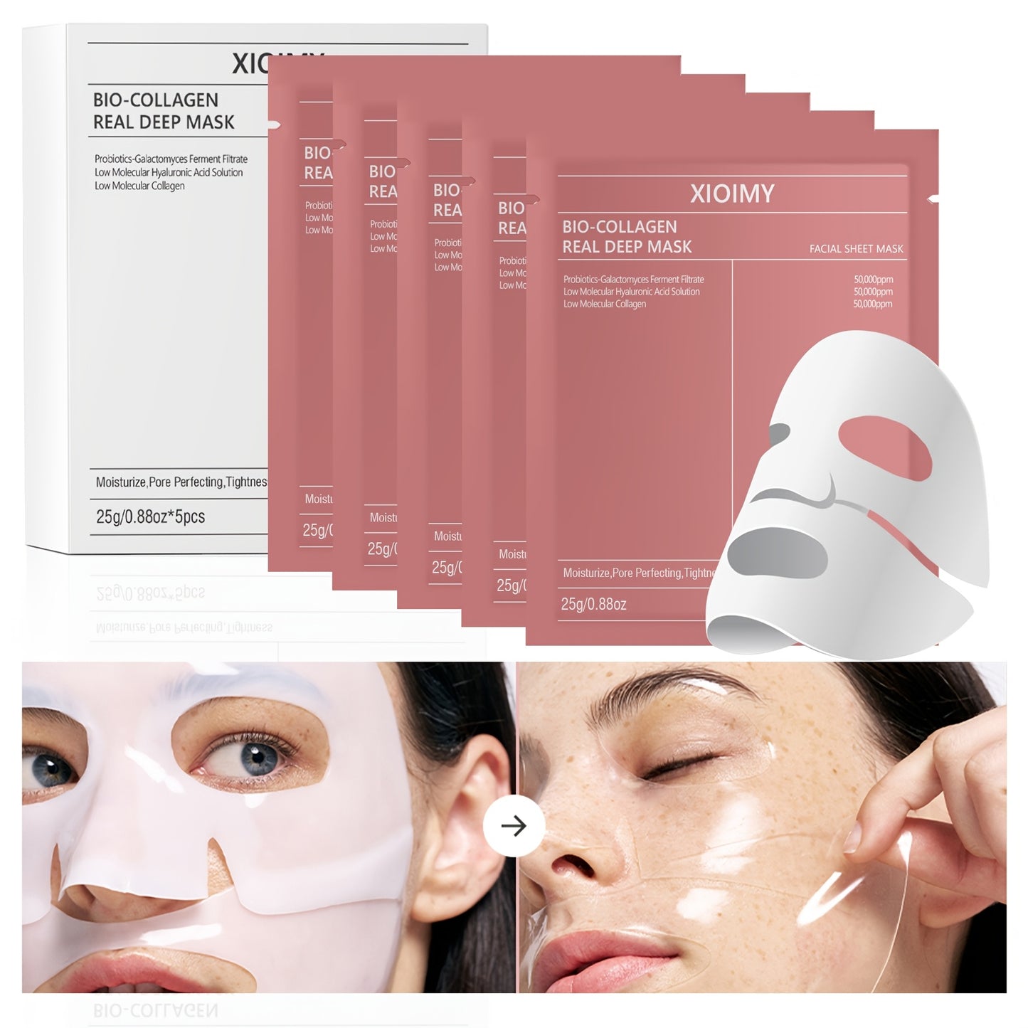 5pcs Collagen Powerful Moisturizing Facial Mask Deeply Hydrates Skin, Making Face More Moist, Delicate, And Bright. Rich in Collagen Acid, Bidding Farewell to Dry, Dull, And Loose Skin
