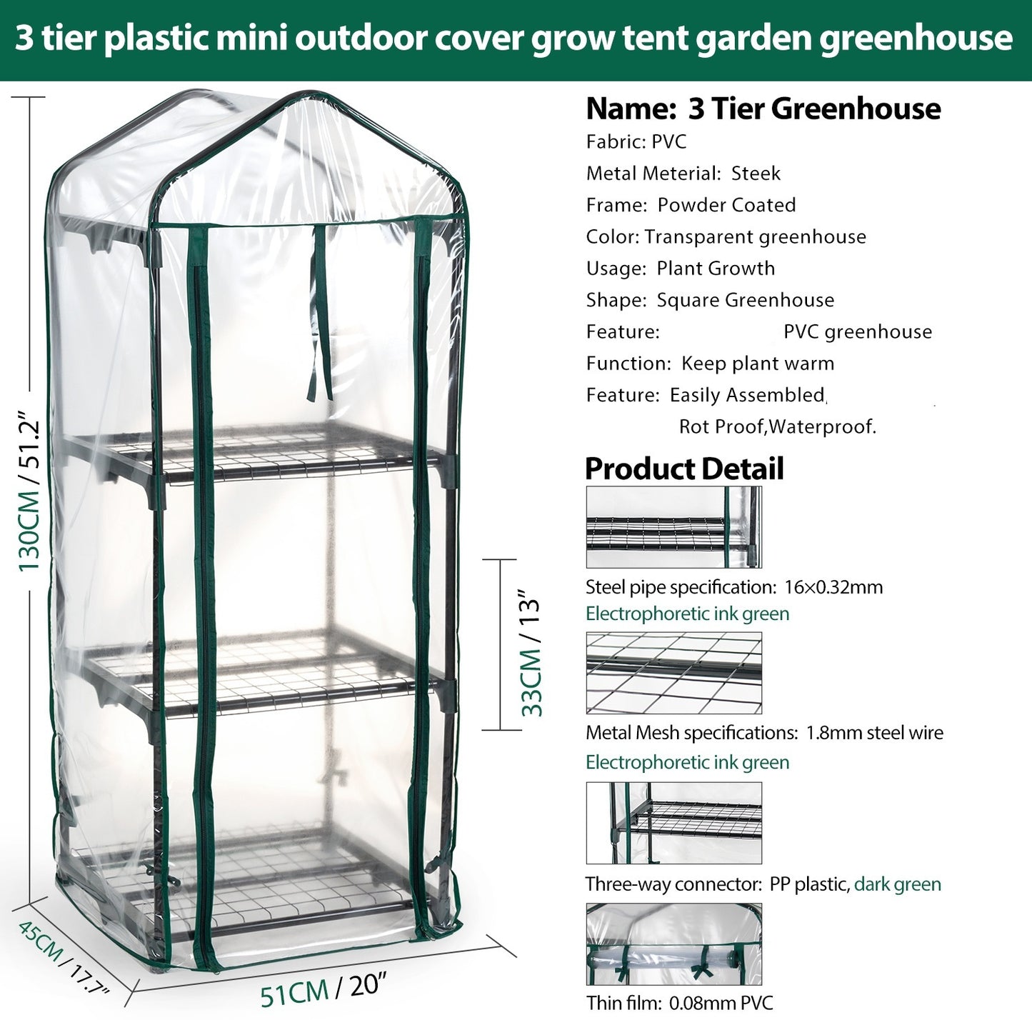 3 Tier Greenhouse, Small Plant Greenhouses, With Transparent Plastic PVC Cover, Indoor outdoor tent garden greenhouse (51 x 45 x 130 cm)