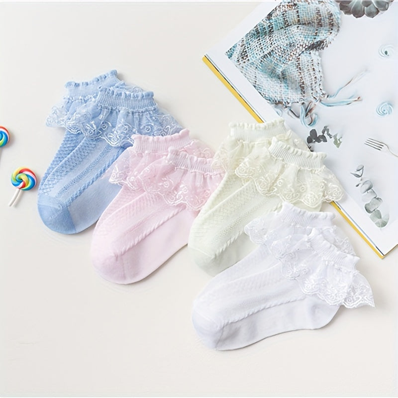 4 Pairs Of Girl's Lace Ruffle Frilly Trim Crew Socks, Breathable Comfy Dance Princess Socks