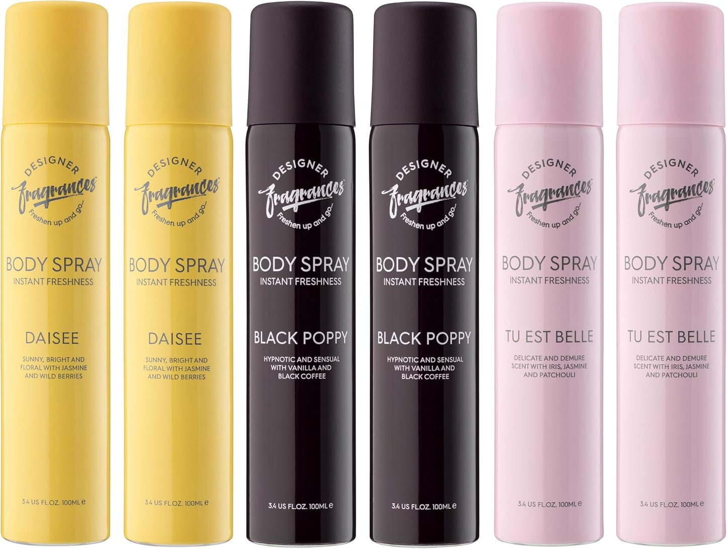 Designer Fragrances 6 Pack Assorted Aromas Bundle - Tu Est Belle, Orchyd, Alise - Women's Body Spray Deodorant Cans - For Instant Freshness on The Go - Long Lasting Smell, Great Gifts - 100ml
