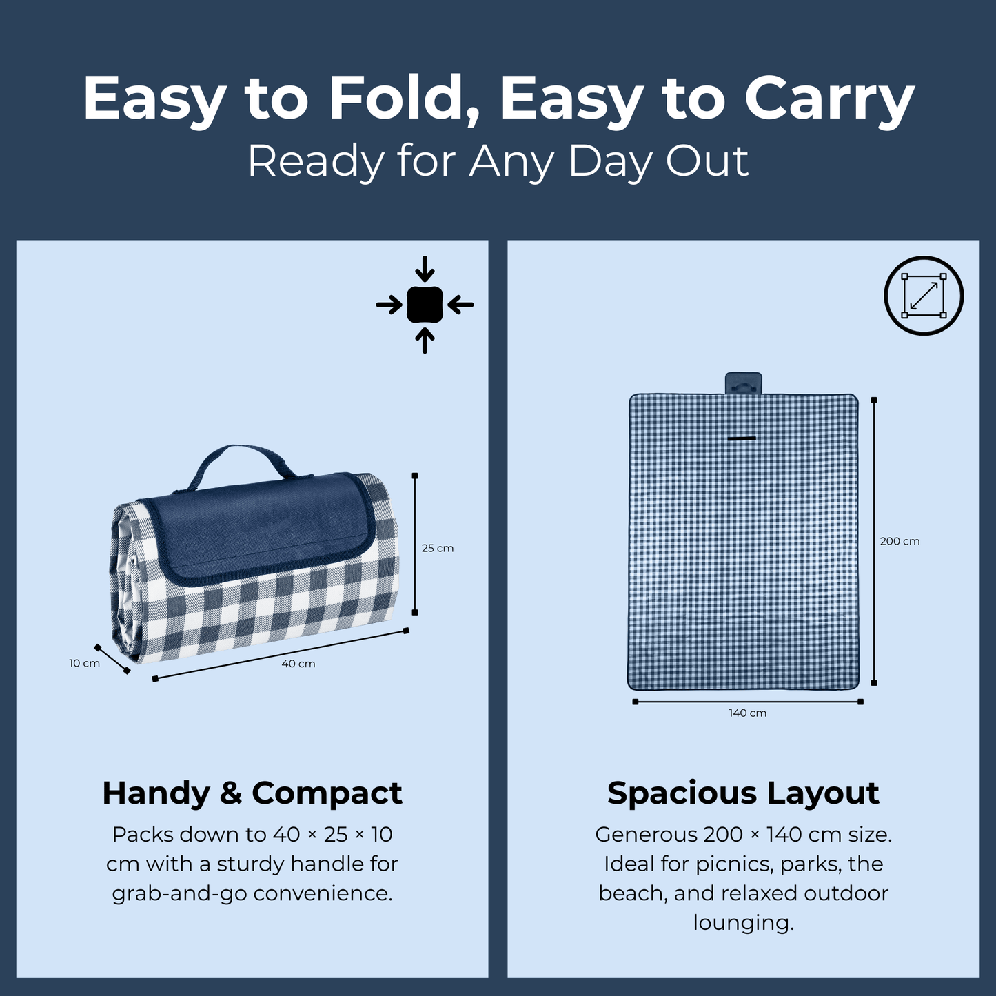 Waterproof Picnic Blanket 200x140cm | Large Foldable Outdoor Mat with Carry Handle – Blue Gingham
