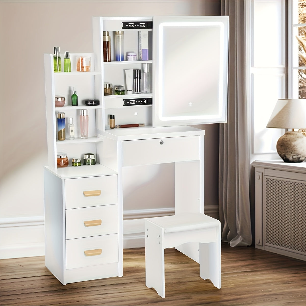 Modern Vanity Table With LED Mirror, 4 Drawers & Cushioned Stool White Makeup Desk For Bedroom