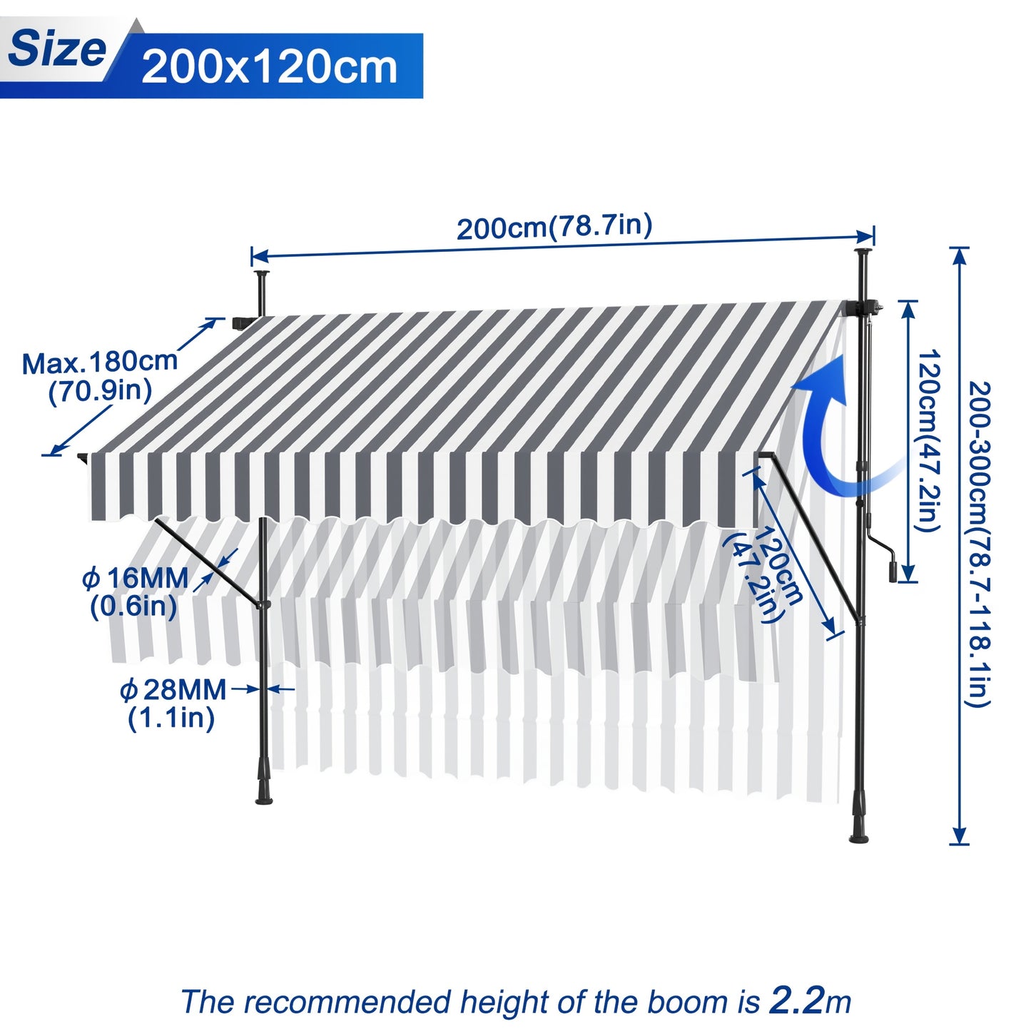 Retractable Awning with Hand Crank, No Drilling UV-Resistant Sun Protection, Height Adjustable for Patio Balcony, 200 X 120 Cm, Dark Gray/Light Gray/Gray And White Stripes/Blue And White Stripes
