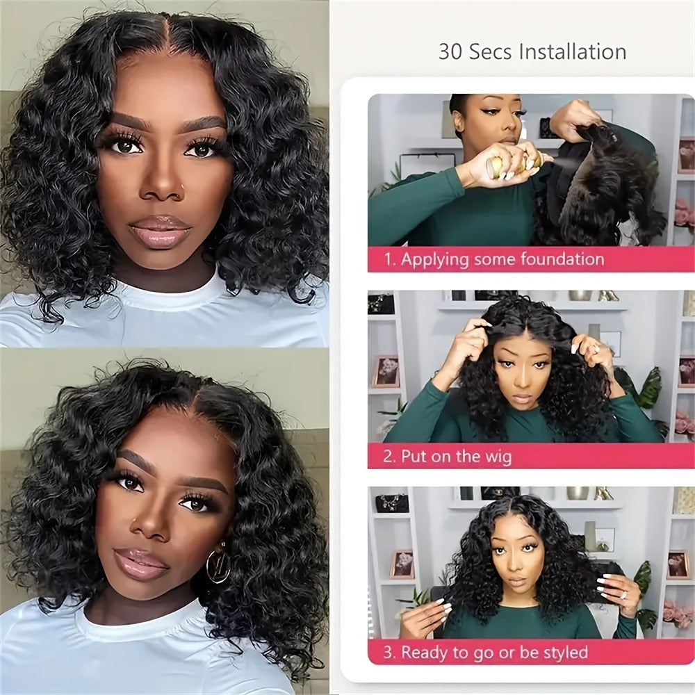 Kinky Curly Bob Wig Human Hair 4x4 Lace Closure Glueless Wear & Go Pre Plucked Pre Cut Deep Curly Short Wig 180% Density 12 Inch for Women