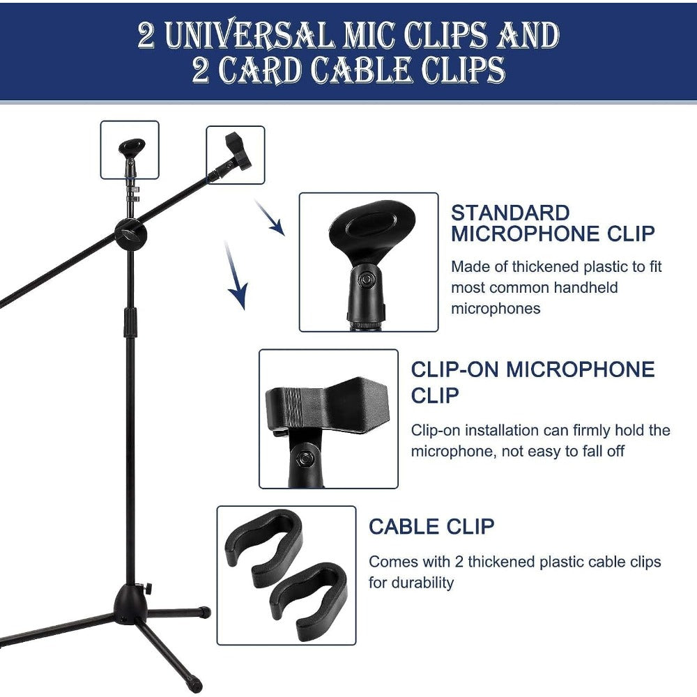 Microphone Stand Boom Adjustable Straight Collapsible Studio Holder with Free Tripod Telescoping Mic Clip Adapter Tripod Base for Musicians Party Stage Black