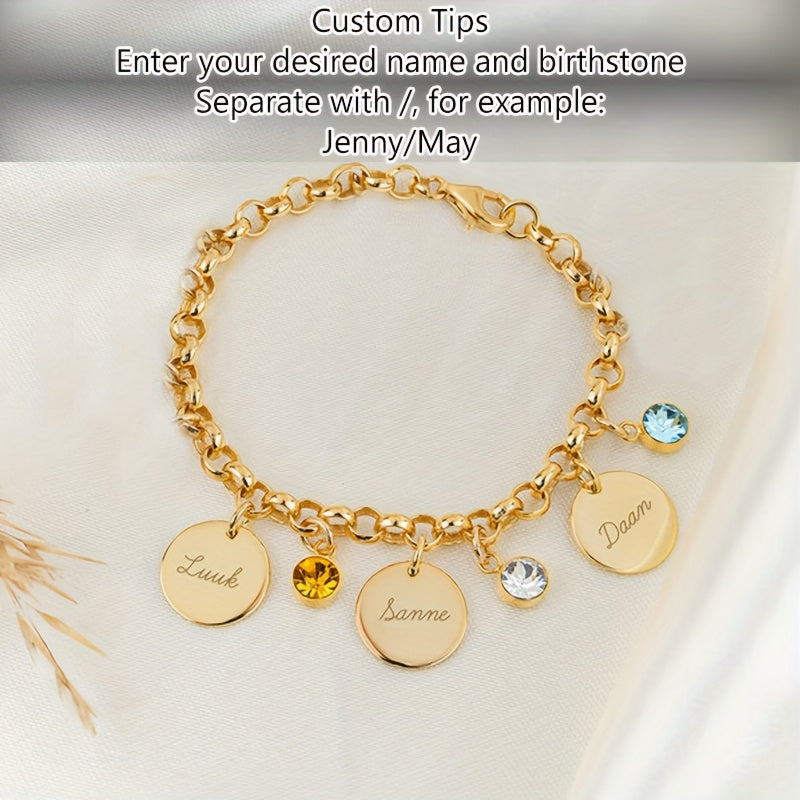 Self-Defined 1-6 Family Name and Birthstone Women's Fashion Bracelet, Personalized Custom Initial Letter and Birth Month Stone Women's Bracelet, 18K Gold Plated Golden-Plated 304L Stainless Steel Durable Material, Accessory Suitable for Daily Casual