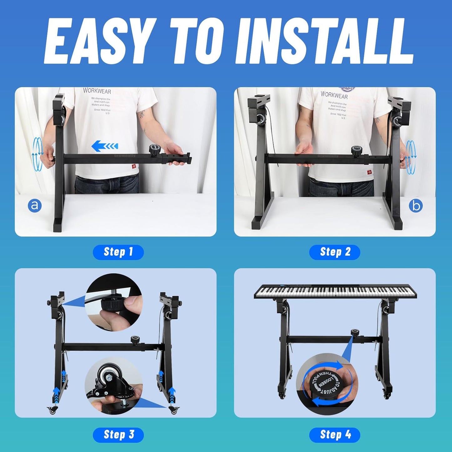 1PC Keyboard Stand with Wheels, Z-Shaped Heavy-Duty Piano Stand, Adjustable Portable Piano Keyboard Stand, Suitable for 54-Key, 61-Key, and 88-Key Electronic Keyboards
