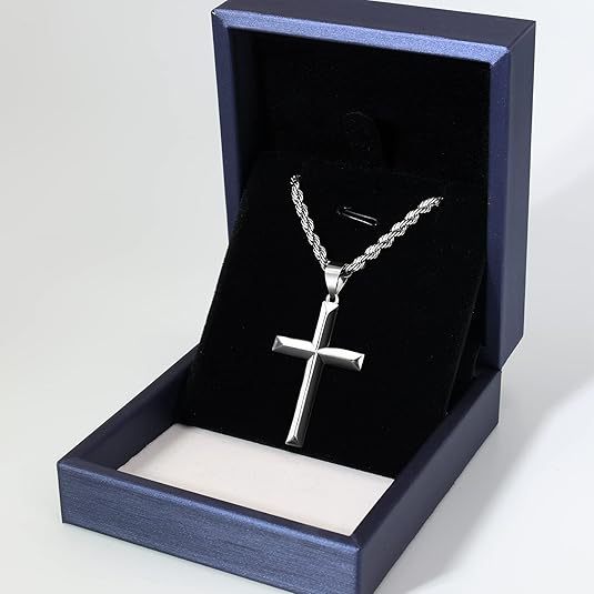 925 Sterling Silver Solid(Total Weight Of The Product (7g) Cut Beveled Edge Rope Chain Cross Pendant Necklace, Nickel And Lead Free- Stylish And Durable Design- Sterling Silver Construction- The Perfect Gift for All Occasions, Gift Box
