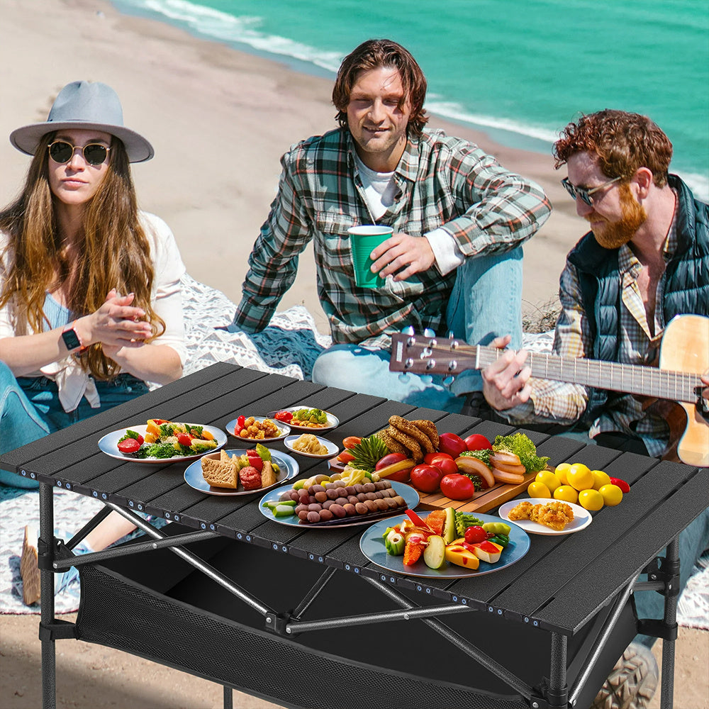 Adjustable Height Folding Table 50-80cm | Carbon Steel Frame | Removable Mesh Pocket | Non-Slip Feet | Indoor Outdoor Dining Party Camping Table | Black & Wood Grain