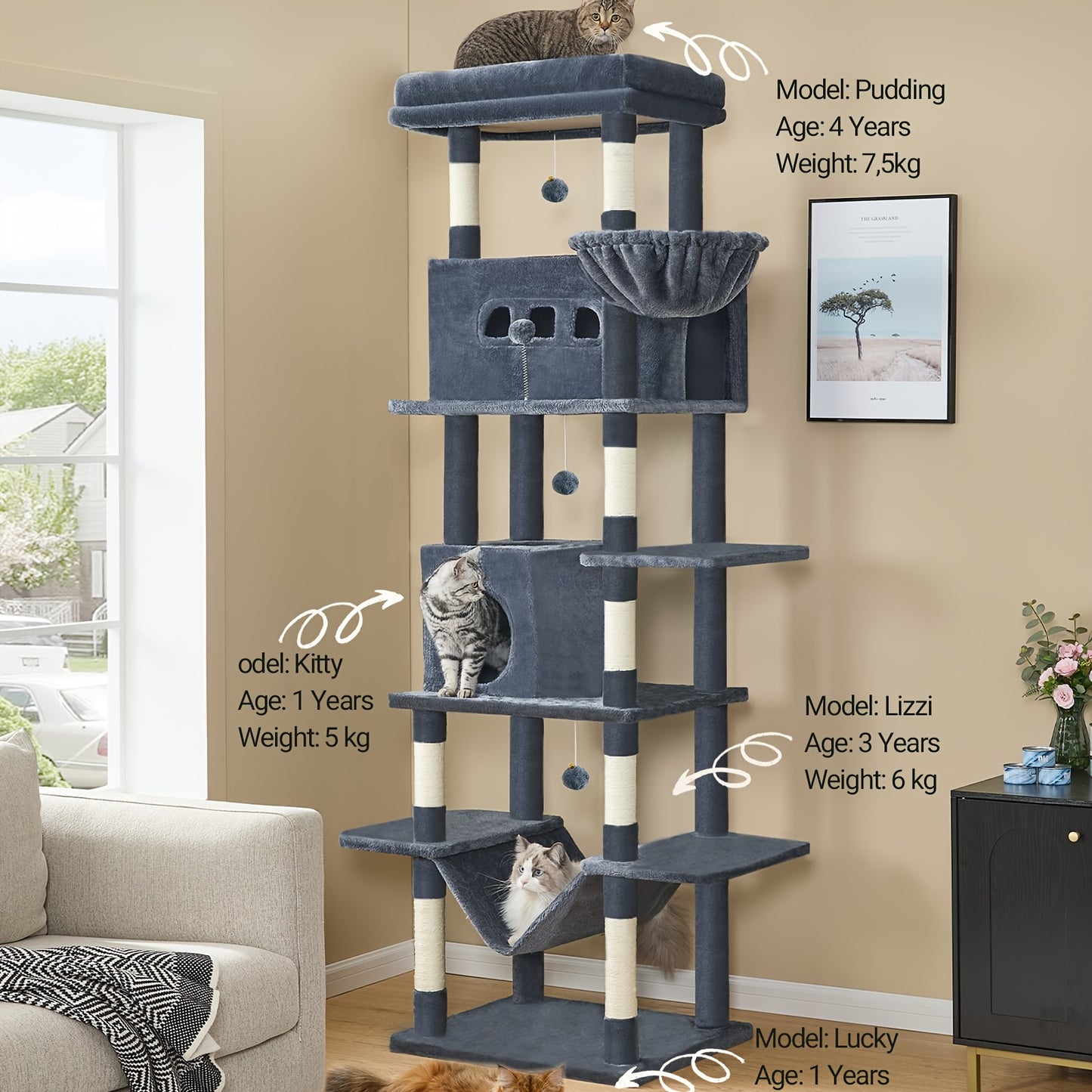 210 Cm Large Cat Scratching Post, Cat Tower For Maine Cats, Large Cats, Multi-Level Scratching Post With Large Perch, Washable Mat, Cat House Furniture With 2 Caves, 8 Scratching Posts, Dark Grey