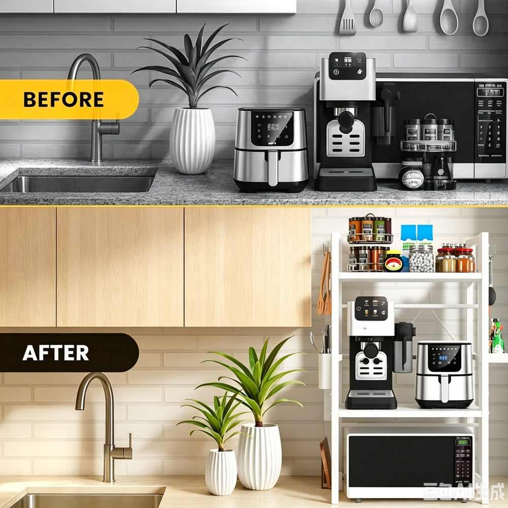 Unique Impression Extendable 3-Tier Microwave Rack - 2 Shelves Microwave Stand for Kitchen Counter - Hot Air Fryer, Toaster and Coffee Machine Rack