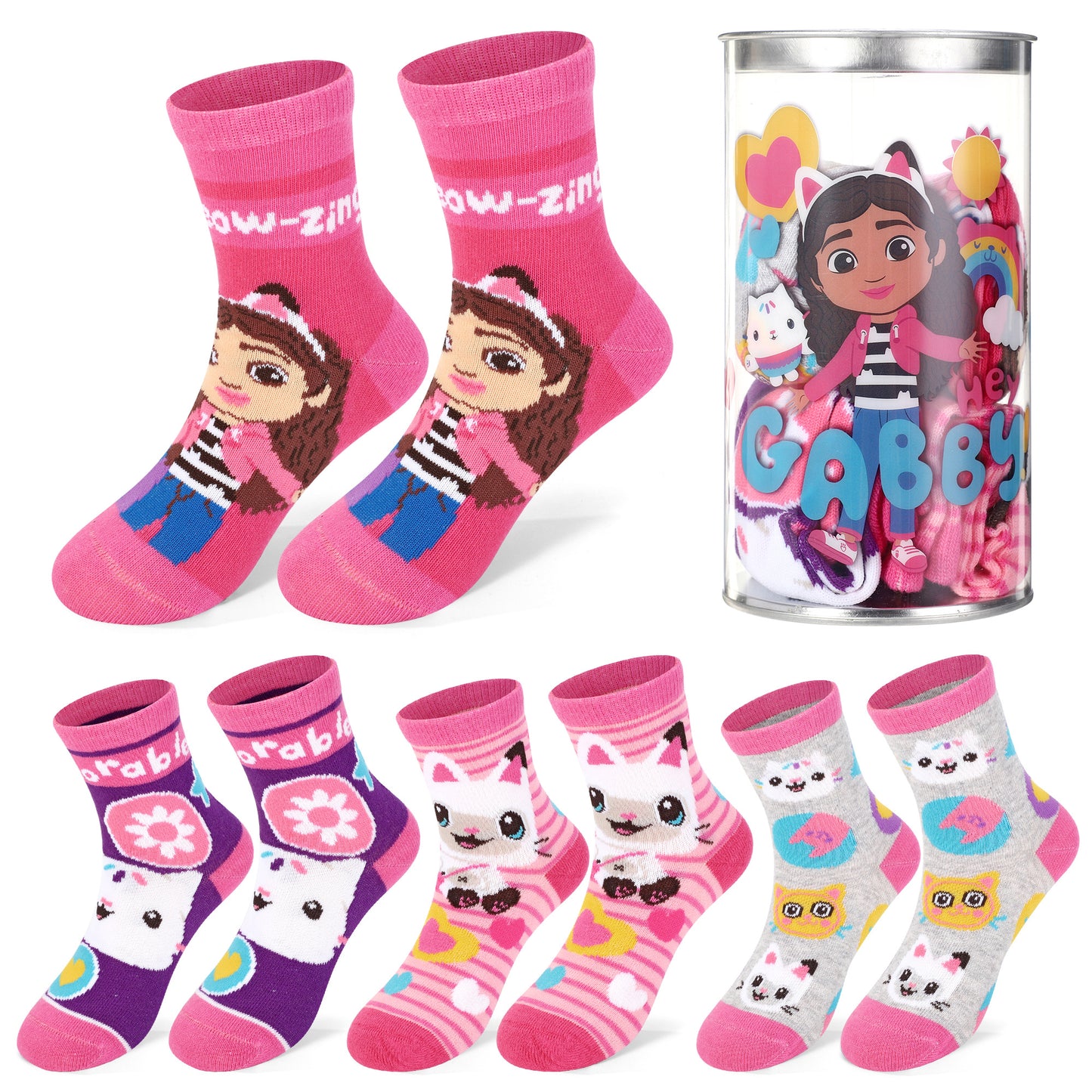 Gabby'S Dollhouse 4 Pair Ankle Cotton Socks for Kids - Ideal Kids Girls Children Gift - Packed in Round Money Piggy Bank Plastic Cylinder