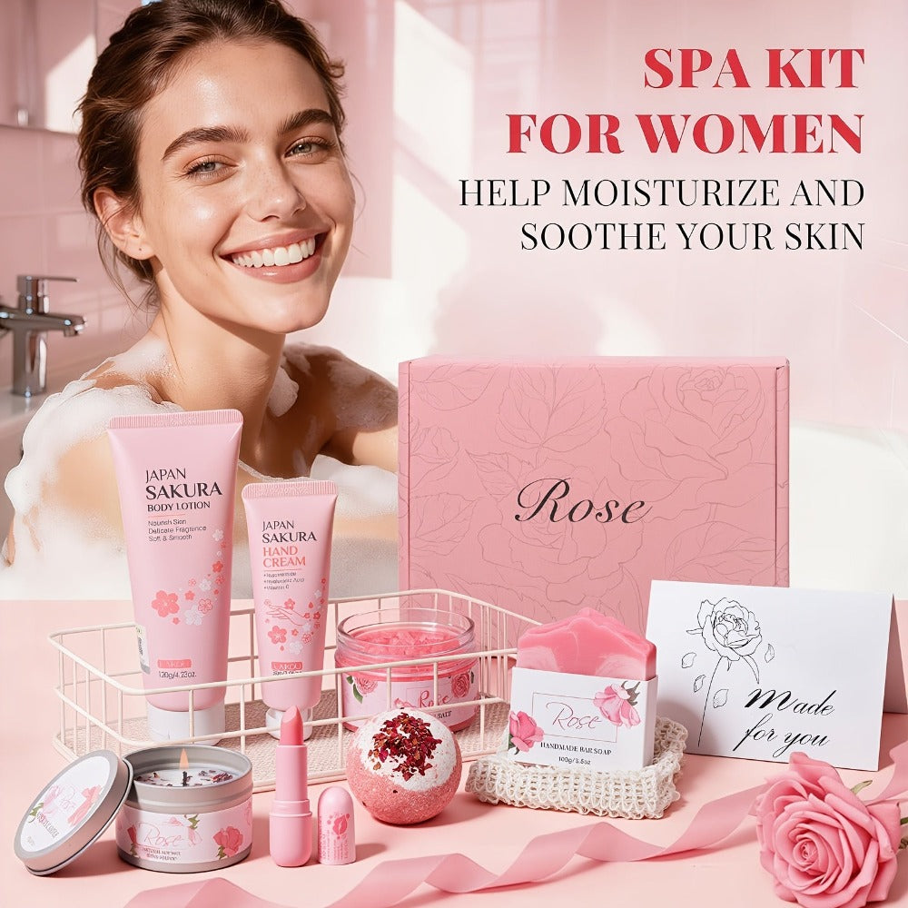 Bath & Body Gift Basket for Women – Rose Home Spa Self Care Set, Birthday Mothers Day Gift for Her, Mom, Sister & Friends (Pink)