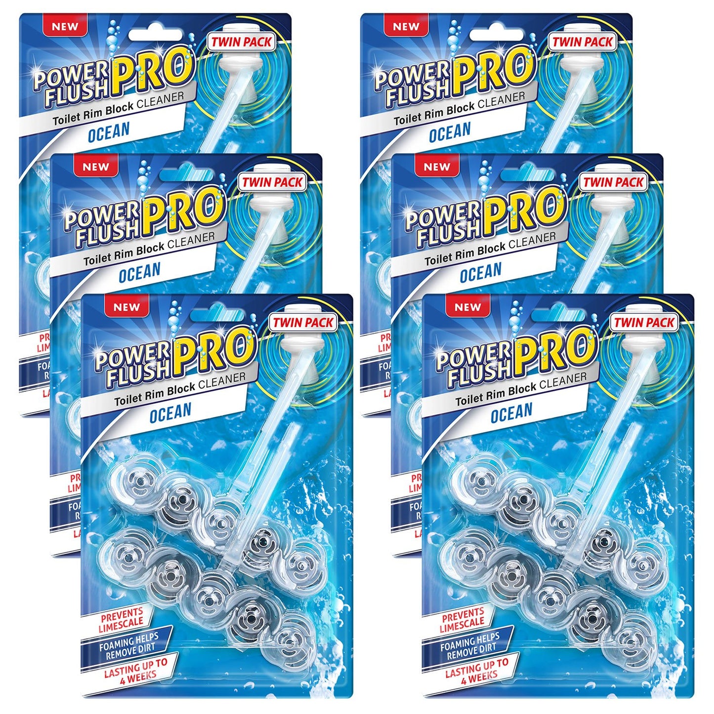 6 Pack Power Toilet Rim Block Cleaner (Twin Pack), Clear Water Toilet Rim Block with Anti-Limescale, Cleaning Foam, Dirt Protection and Extra Freshness