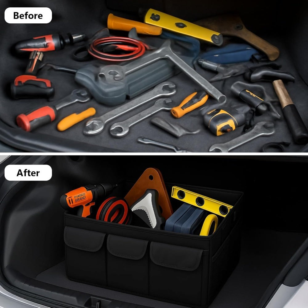 Car Boot Organiser with Lid Foldable Collapsible Storage Box 50x30cm Thickened Base Accessory Compartments Luggage Sorting Bin for Cars SUVs & Vans Black
