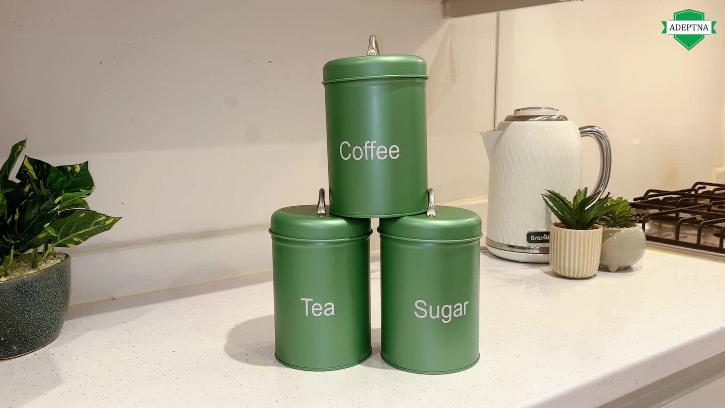 ADEPTNA 3pcs Tea Coffee Sugar Canister Set Airtight Metal Kitchen Storage Jars with Lids Durable Round Food Containers Easy Clean, Minimal Modern Design for Home, Office & Camping
