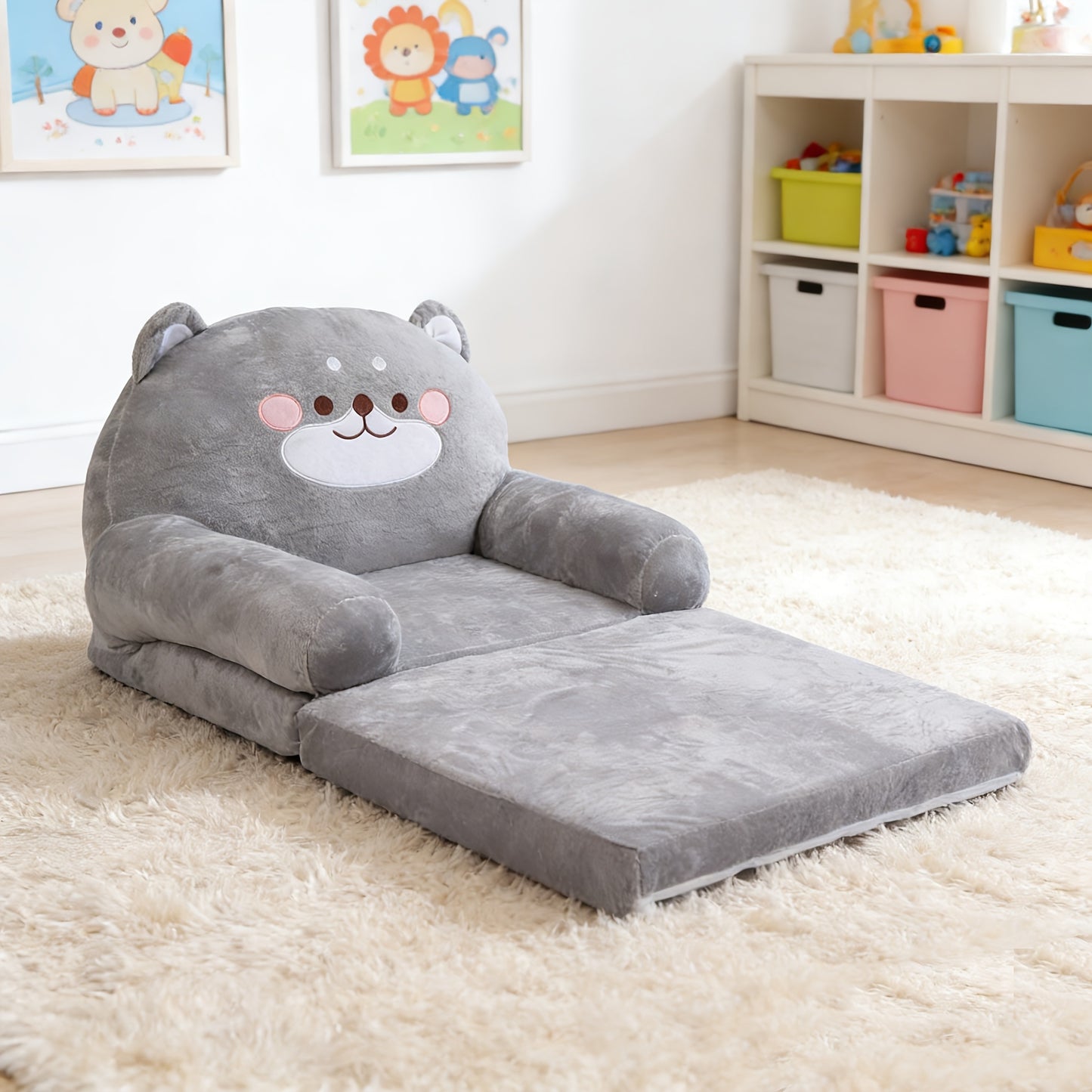 Cozy Kid Folding Sofa, Plush, Washable Lounge Chair for Playroom & Nursery, Gray Dog Style Foldable Wide Handle Soft Breathable Toddler Chair for Reading Relaxing Sleeping