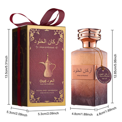3.88Oz Arabian Perfume from Dubai, Featuring a Noble Fragrance That Is Luxurious, Long-Lasting, And Intense. This Set Includes a Bottle And a Travel-Sized Perfume, Making It an Ideal Gift. The Scent Comes in Premium Quality Packaging