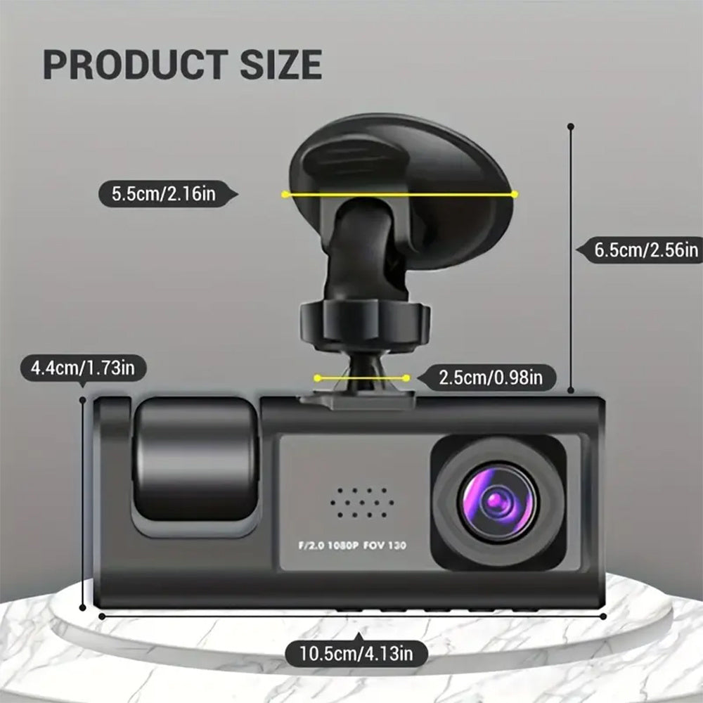 Dash Cam Recorder 1080P 3 Lens Dash Cam for Cars - Front, Inside & Rear View with IR Night Vision, Loop Recording, Wide Angle Lens, and 5.08 Cm IPS Display, Universal Fit, Car Plug, Smartphone Compatible