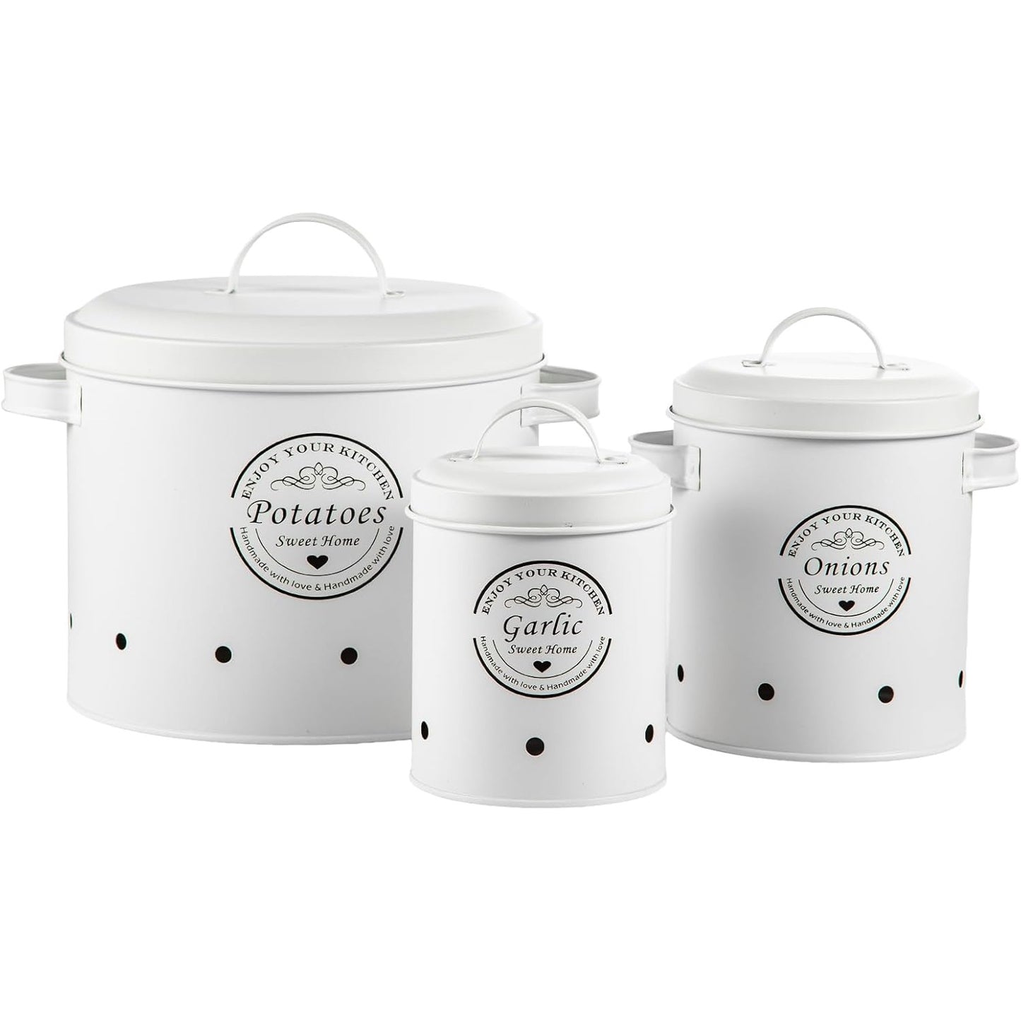 Retro Canister Set of 3 – Potato, Onion, Garlic Storage Containers – Stylish Metal Tins for Kitchen Pantry – Fresh Vegetable Keeper
