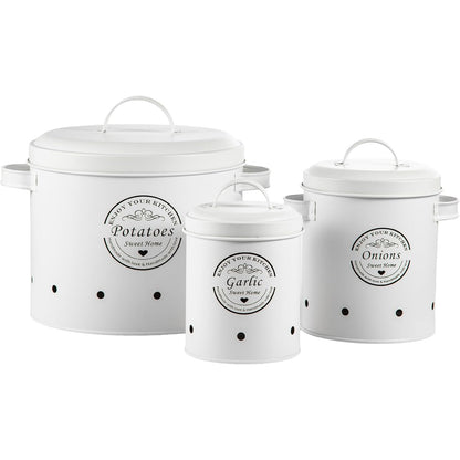 Retro Canister Set of 3 – Potato, Onion, Garlic Storage Containers – Stylish Metal Tins for Kitchen Pantry – Fresh Vegetable Keeper