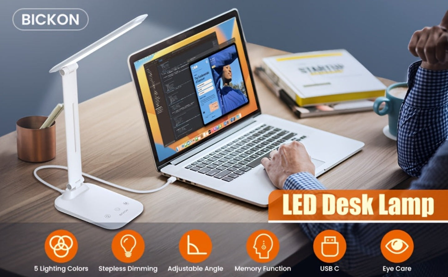LED Desk Lamp 5 Colour Temperature Modes & Touch Dimmer – Flicker-Free Eye Protection, USB Powered with Timer, Study Reading Office Home Lamp
