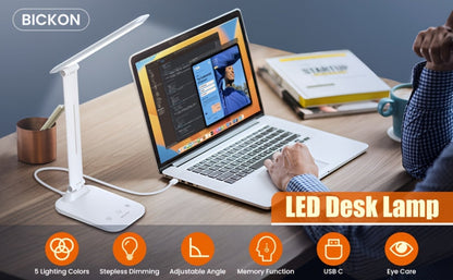 LED Desk Lamp 5 Colour Temperature Modes & Touch Dimmer – Flicker-Free Eye Protection, USB Powered with Timer, Study Reading Office Home Lamp