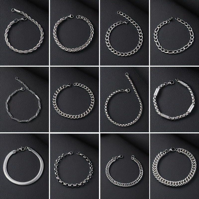 Hip Hop Style - Stainless Steel - Cuban Bracelets 12pcs - Perfect for Daily Wear & Gifts