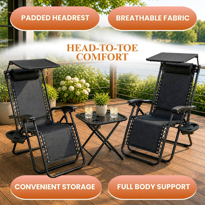 Garden Mile 3pcs Zero Gravity Sun Lounger Set with Table - 2 Folding Reclining Chairs with Canopy Shade, Cup Holder & Phone Tray, Adjustable Headrest, Portable Garden, Patio, Beach Chairs - Black