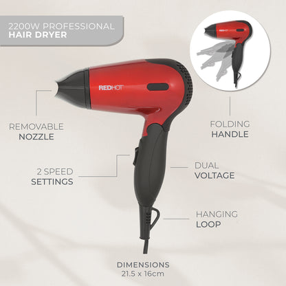 Red Hot 37070 1200W Travel Hair Dryer with Folding Handle/Dual Voltage / 2 Heat Settings/Compact & Lightweight/Red Coloured