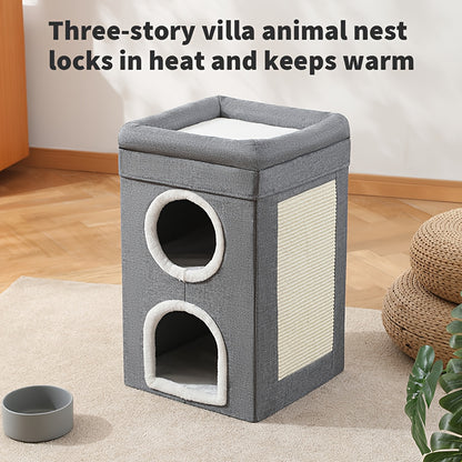 3-in-1 Cat House Cave & Foldable Cat Bed with Scratching Board – Washable Enclosed Pet Nest, Fluffy Interior, All-Season, Grey, 41x41x64cm