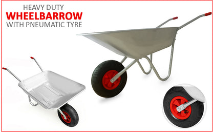 65L Wheelbarrow Heavy Duty Galvanised Home Garden Metal Cart with Pneumatic Tyre