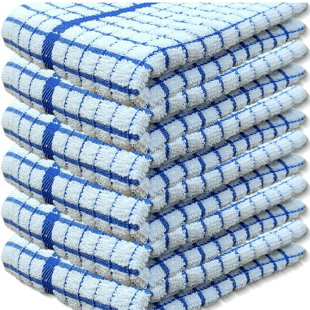 Pack of 6 Large Tea Towels 40x60cm – 100% Cotton Luxury Check Soft Kitchen Towels – Highly Absorbent Dish Cloths – Durable Washable Tea Towels for Drying Dishes, Cleaning, Cooking, Household, Restaurant, Bar, Café, Catering, Commercial & Professional Kitc